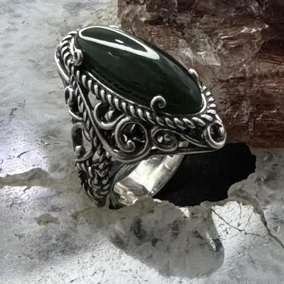 Carolyn Pollack Sterling Silver Elongated Oval Dark Green Chalcedony Ring - Picture 3 of 10